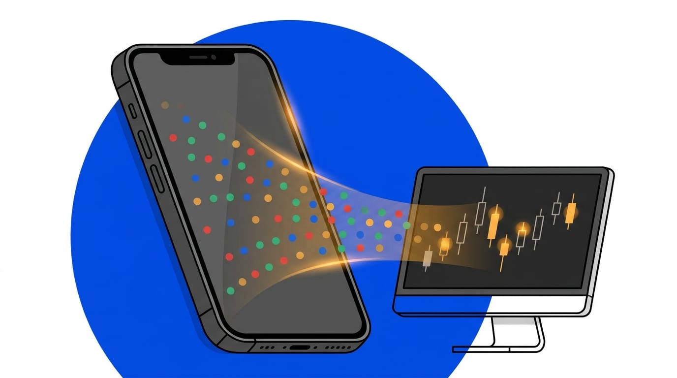 A smartphone sending data dots to a desktop monitor displaying financial candlestick charts against a blue circle